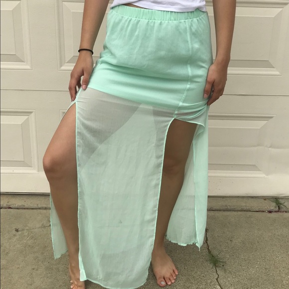 Express mint green Chiffon maxi skirt - Picture 2 of 4